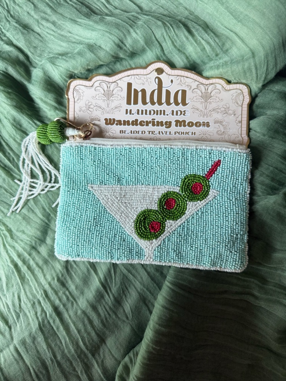 India Handmade Aqua Beaded Travel Pouch with Cocktail Motif